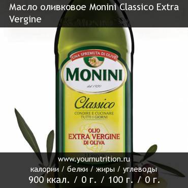 Масло оливковое Monini Classico Extra Vergine: калорийность и содержание белков, жиров, углеводов