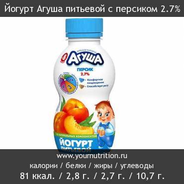 Йогурт Агуша питьевой с персиком 2.7%: калорийность и содержание белков, жиров, углеводов