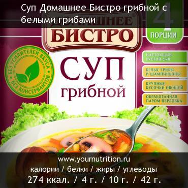 Суп Домашнее Бистро грибной с белыми грибами: калорийность и содержание белков, жиров, углеводов