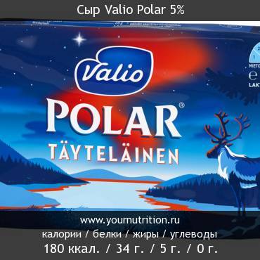 Сыр Valio Polar 5%: калорийность и содержание белков, жиров, углеводов