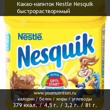 Какао-напиток Nestle Nesquik быстрорастворимый: калорийность и содержание белков, жиров, углеводов