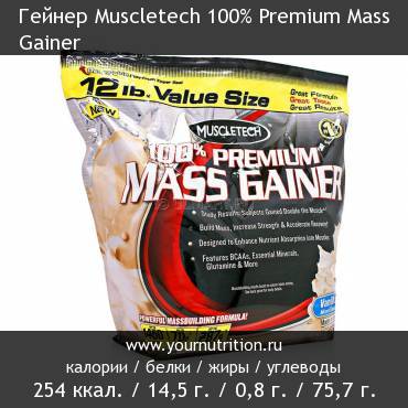 Гейнер Muscletech 100% Premium Mass Gainer: калорийность и содержание белков, жиров, углеводов