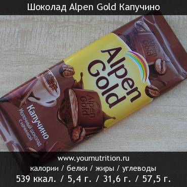 Шоколад Alpen Gold Капучино: калорийность и содержание белков, жиров, углеводов