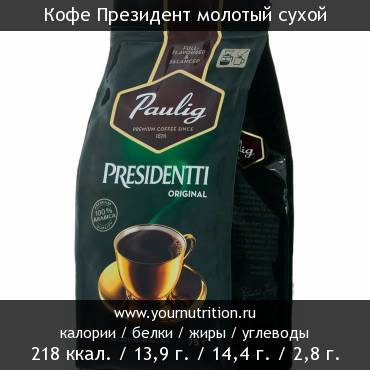 Кофе Президент молотый сухой: калорийность и содержание белков, жиров, углеводов