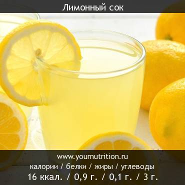 Лимонный сок: калорийность и содержание белков, жиров, углеводов