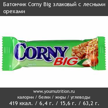 Батончик Corny Big злаковый с лесными орехами: калорийность и содержание белков, жиров, углеводов