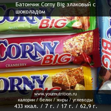 Батончик Corny Big злаковый с шоколадом: калорийность и содержание белков, жиров, углеводов